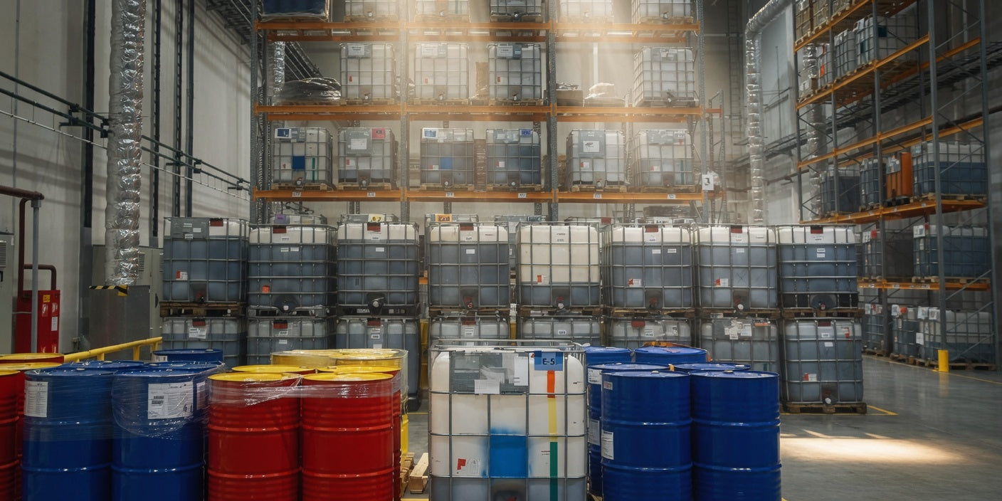 Industrial chemical storage — totes and drums racked in a warehouse